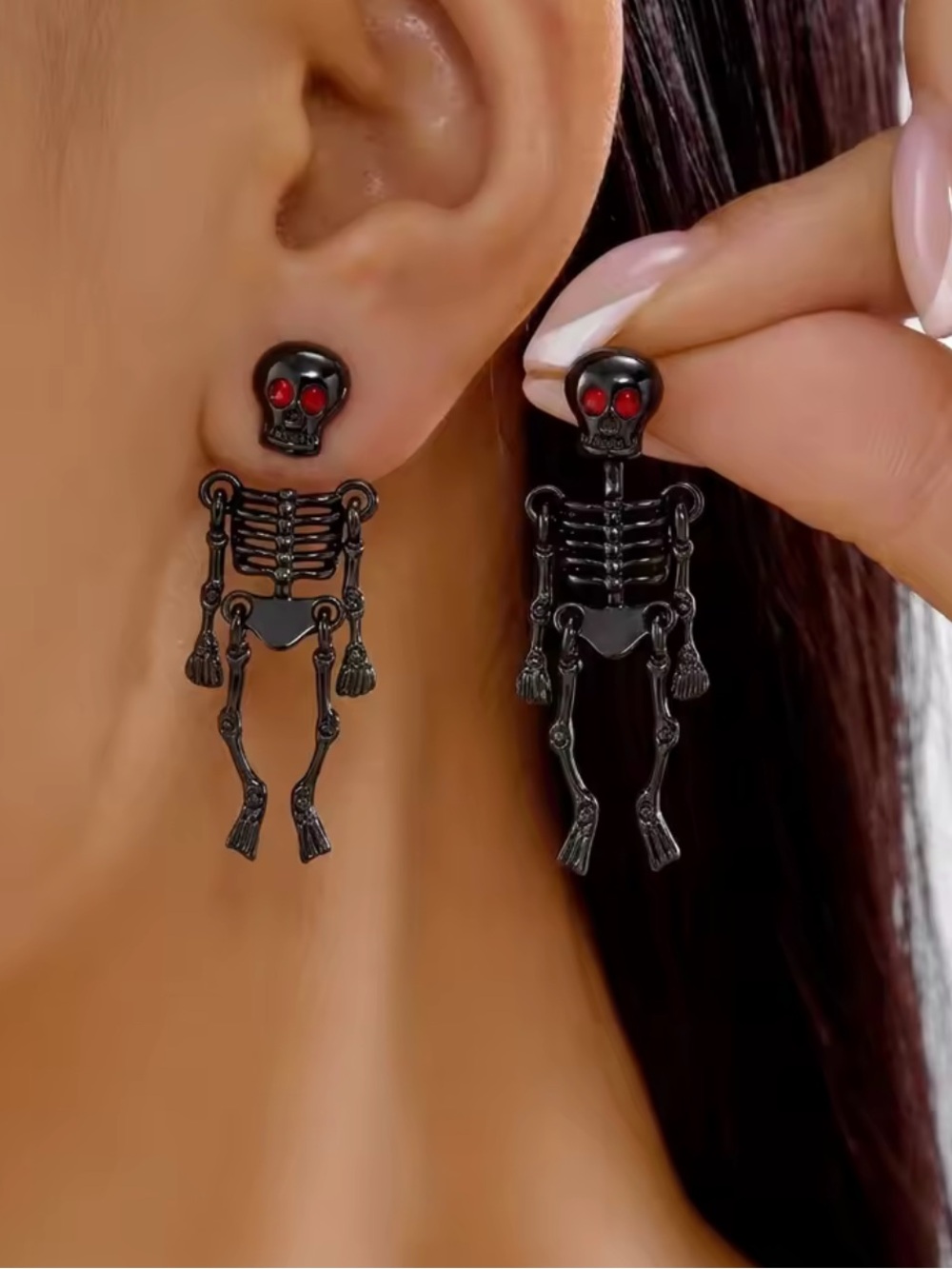 Black Skeleton Drop Earrings with Red Eye Accents - Women Jewelry